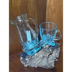 W&W Teak Driftwood Glass Pitcher Set #GF8334 NWT